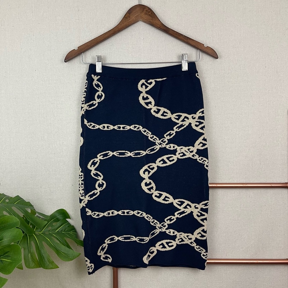 Adrienne Vittadini Navy & Gold Chain Theme Knit Pencil Skirt (Sz Small)